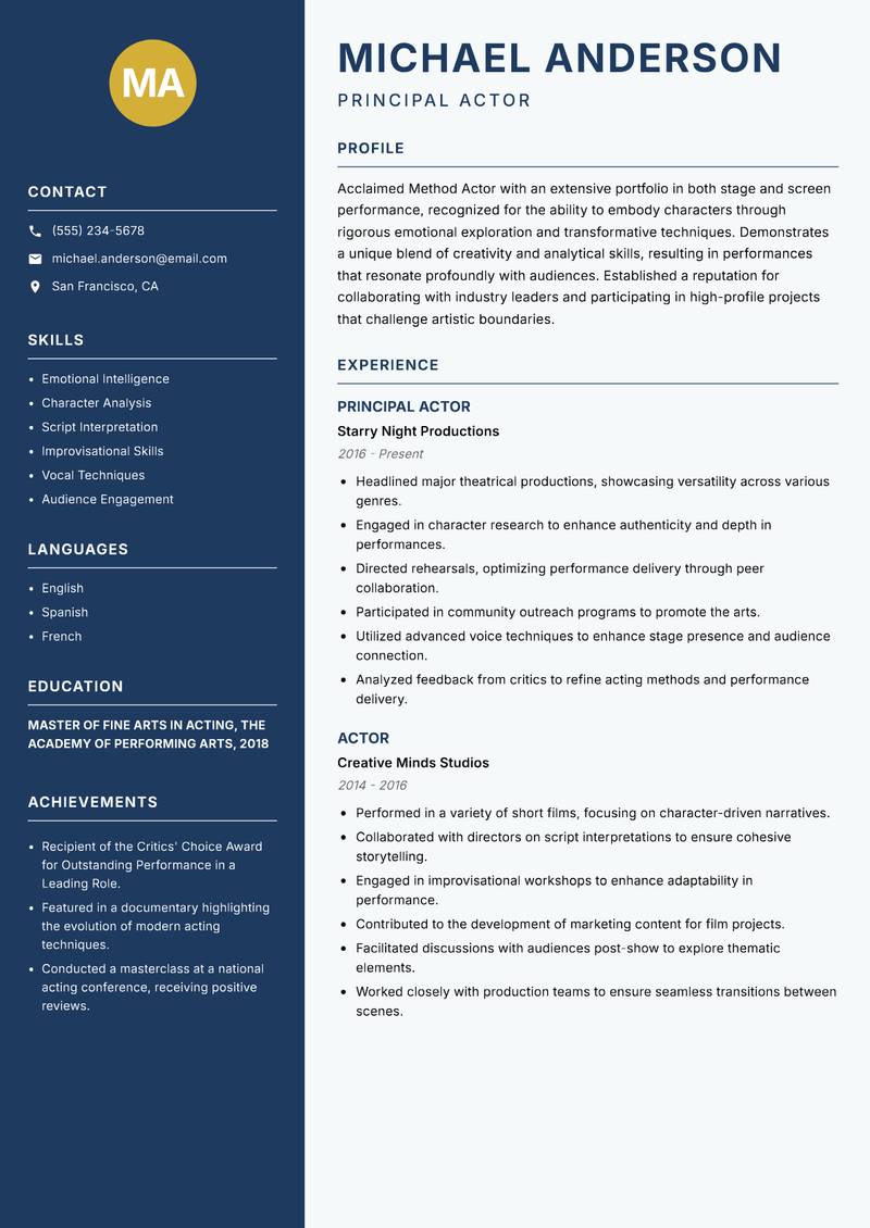 Method Actor resume template — Classic Clean