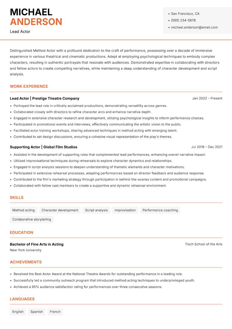 Method Actor resume template — Modern Professional