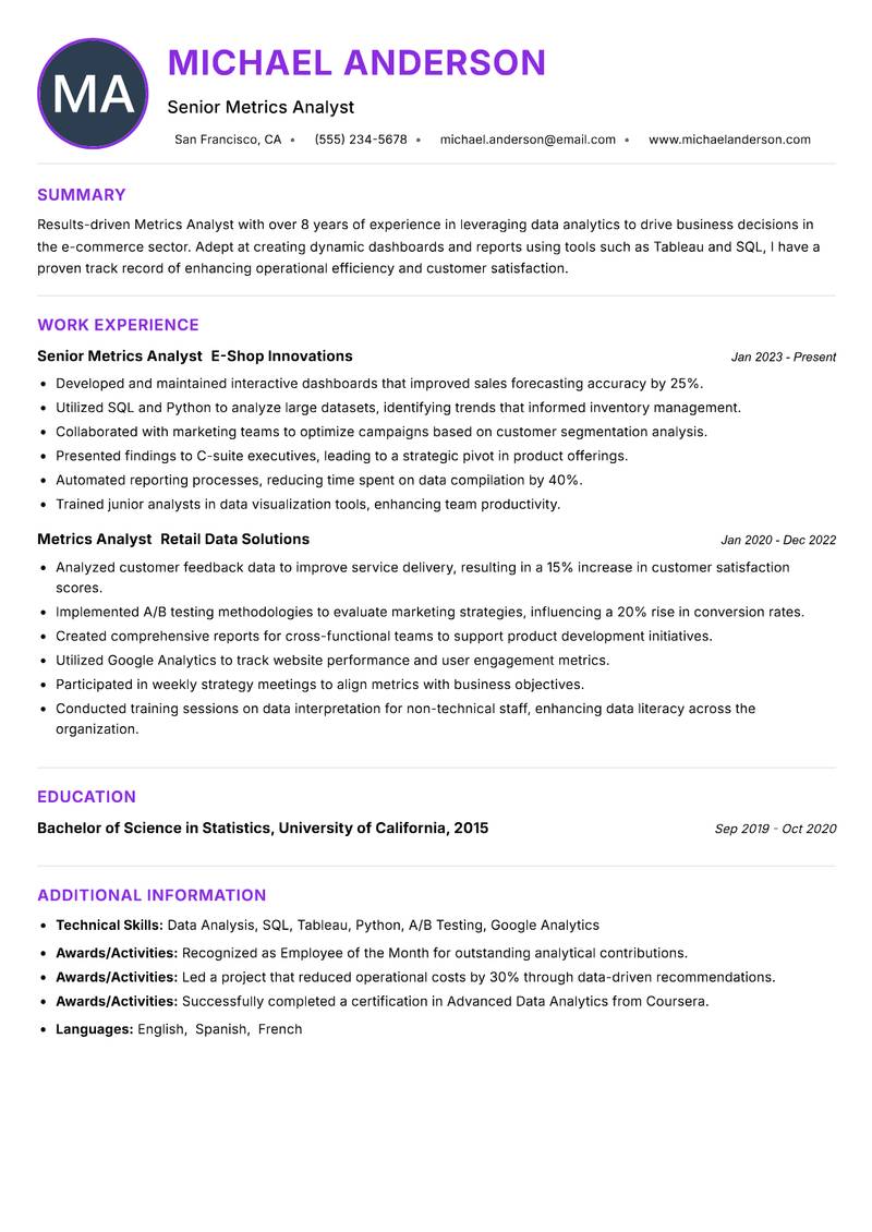 Metrics Analyst resume example — ATS-friendly template