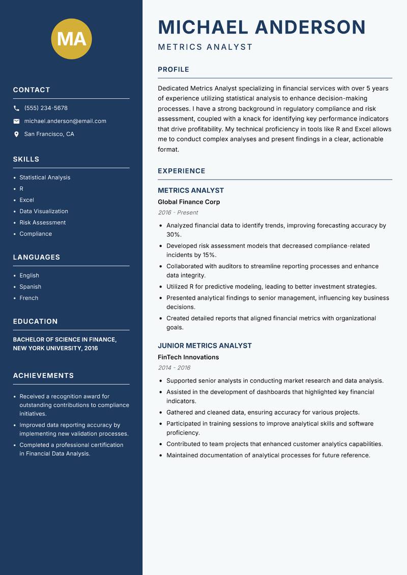 Metrics Analyst resume template — Classic Clean