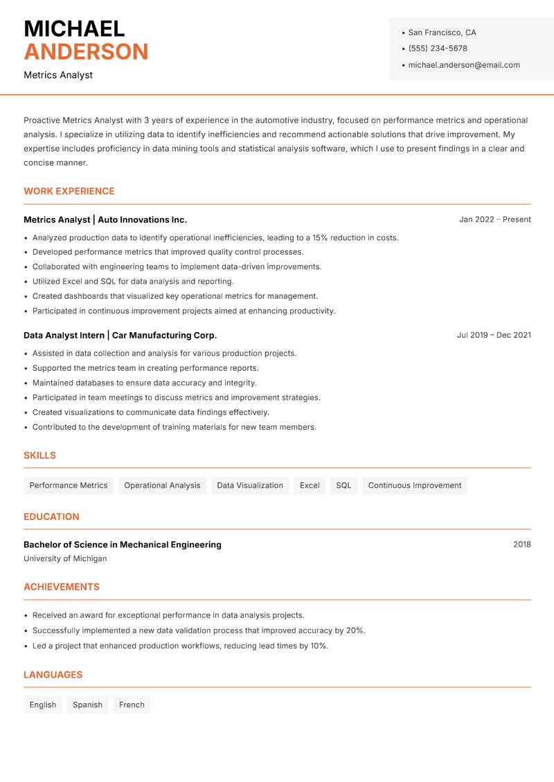 Metrics Analyst resume template — Modern Professional