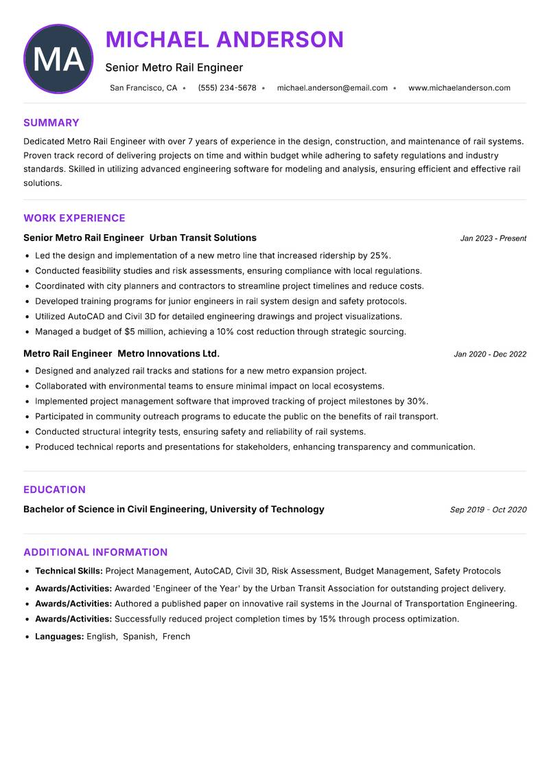 Metro Rail Engineer resume example — ATS-friendly template