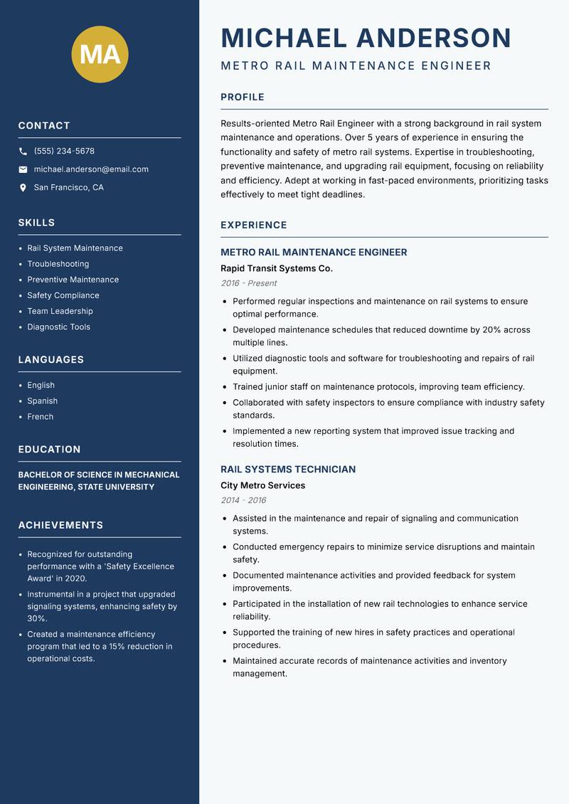 Metro Rail Engineer resume template — Classic Clean