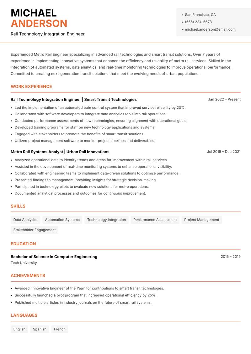 Metro Rail Engineer resume template — Modern Professional
