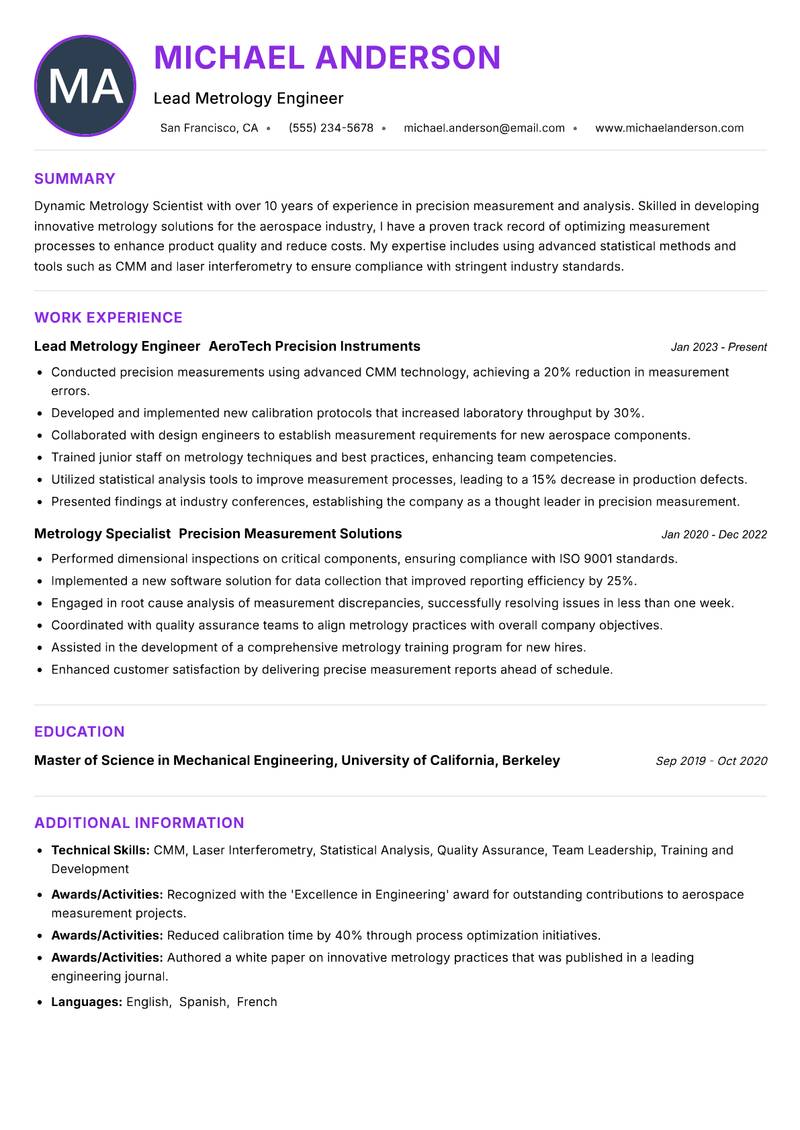 Metrology Scientist resume example — ATS-friendly template