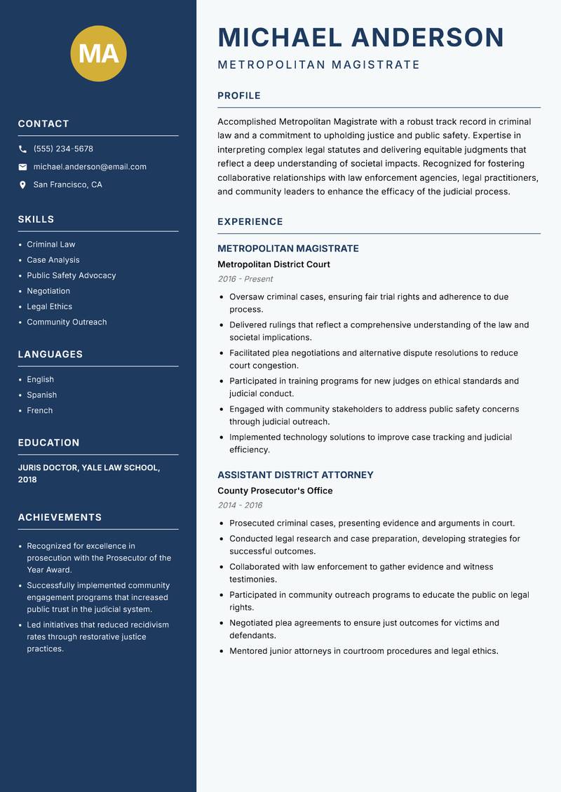 Metropolitan Magistrate resume template — Classic Clean