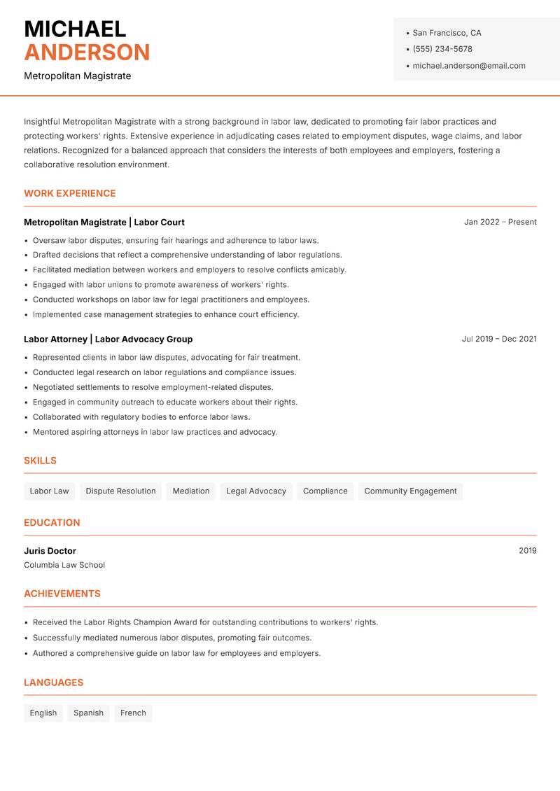 Metropolitan Magistrate resume template — Modern Professional