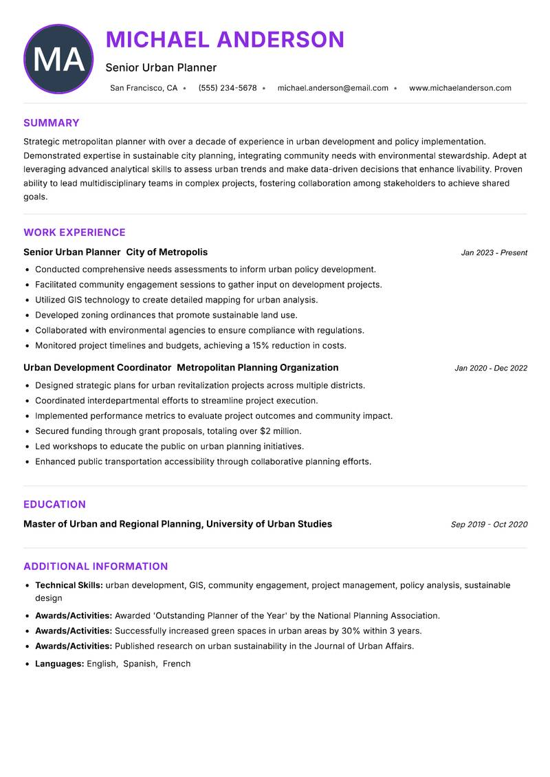 Metropolitan Planner resume example — ATS-friendly template