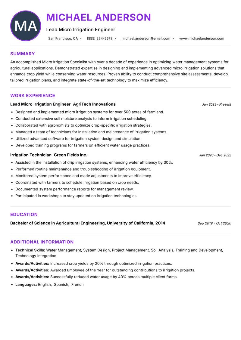 Micro Irrigation Specialist resume example — ATS-friendly template