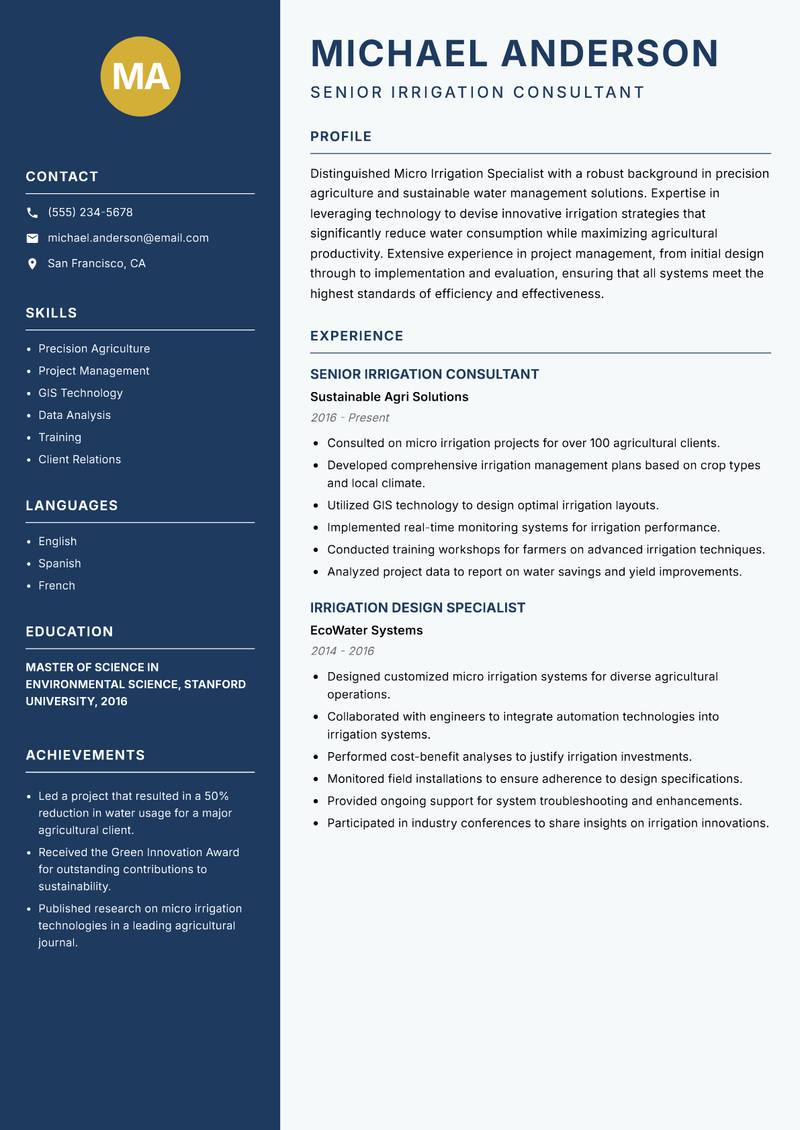 Micro Irrigation Specialist resume template — Classic Clean