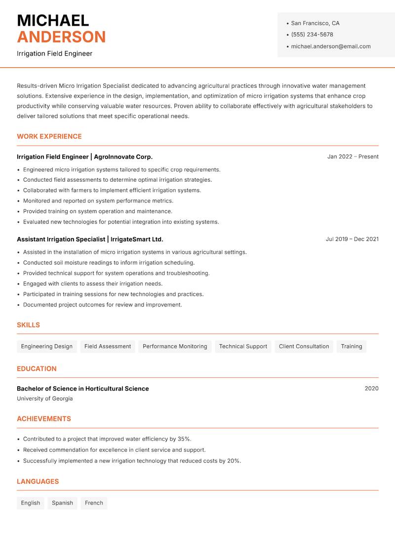Micro Irrigation Specialist resume template — Modern Professional