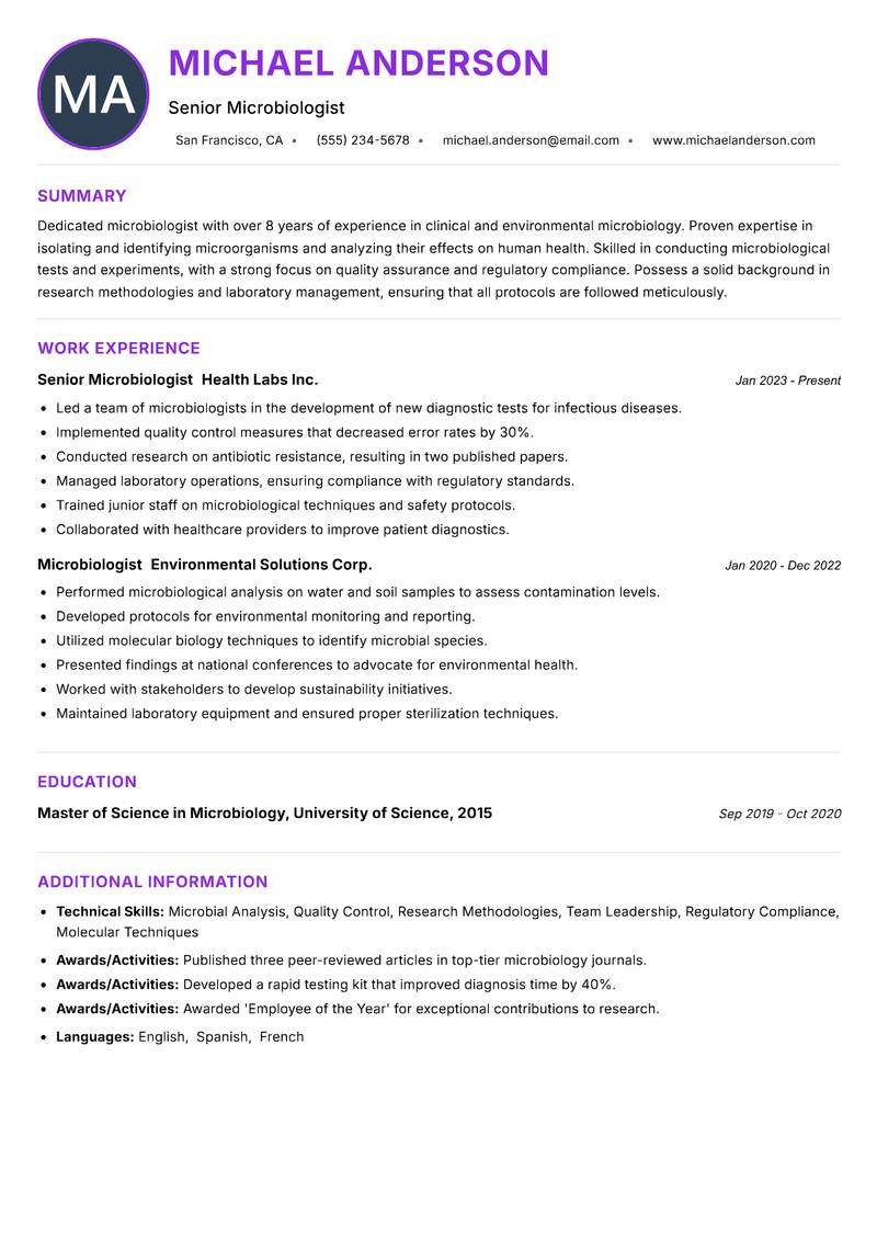 Microbiologist resume example — ATS-friendly template
