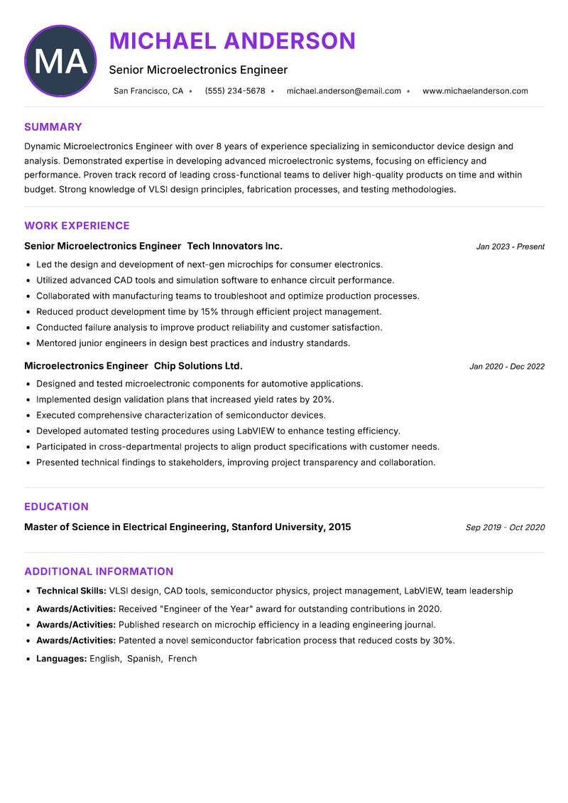 Microelectronics Engineer resume example — ATS-friendly template