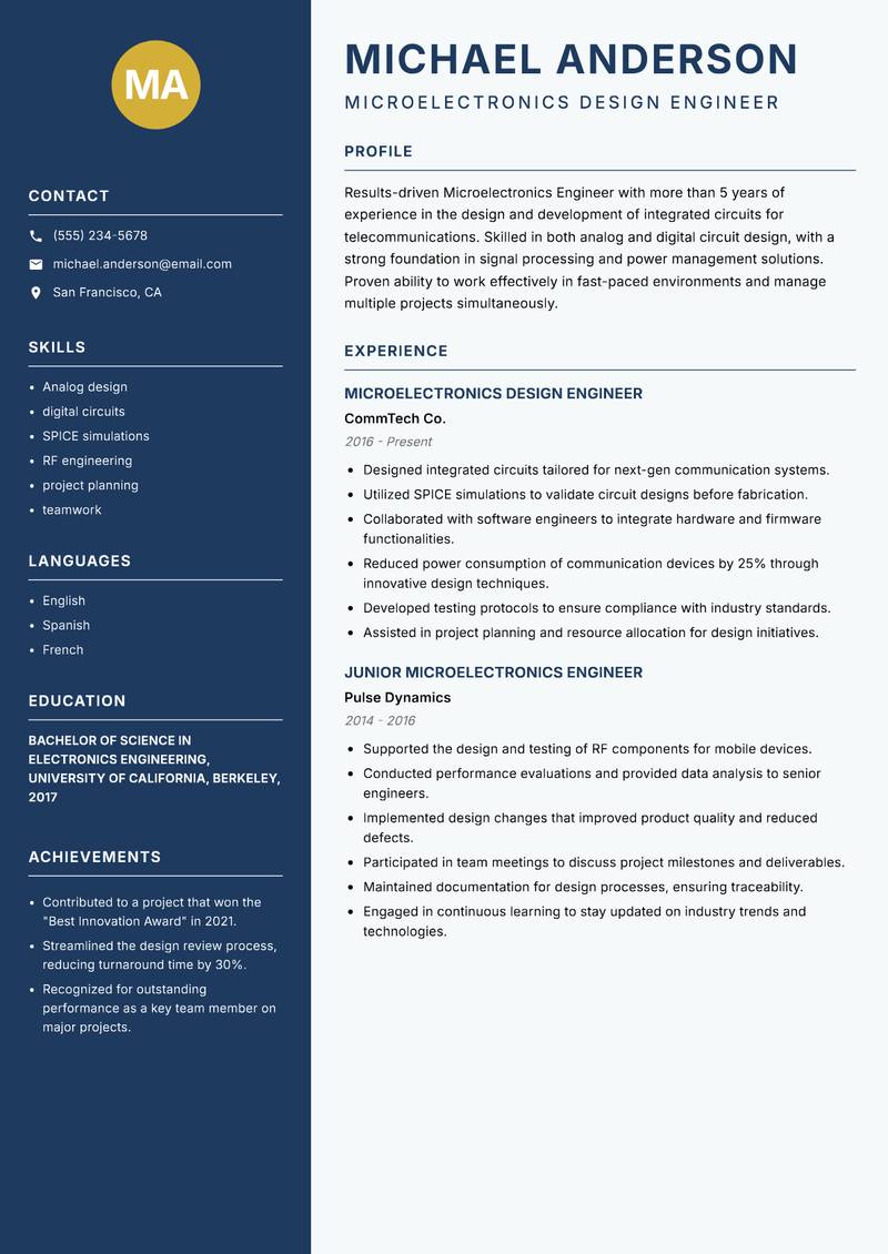 Microelectronics Engineer resume template — Classic Clean