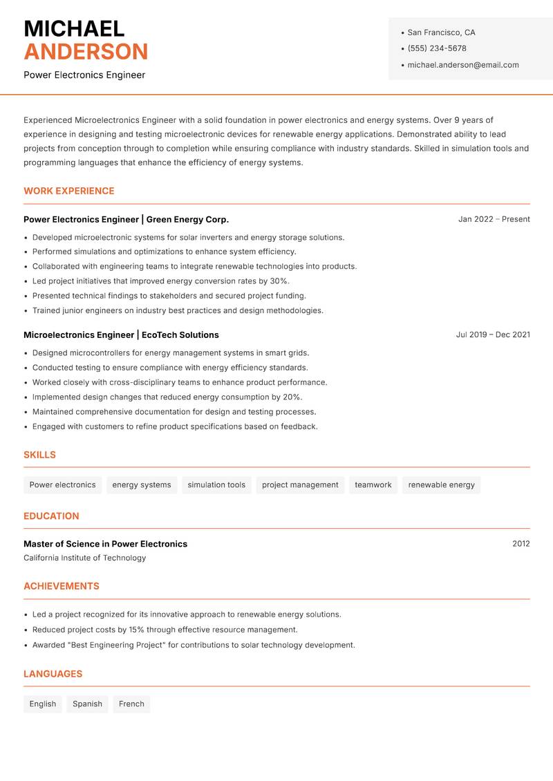 Microelectronics Engineer resume template — Modern Professional