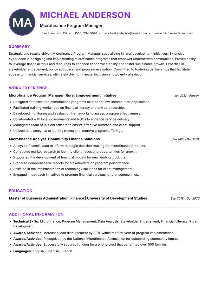 Microfinance Program Manager Rural resume example — ATS-friendly template