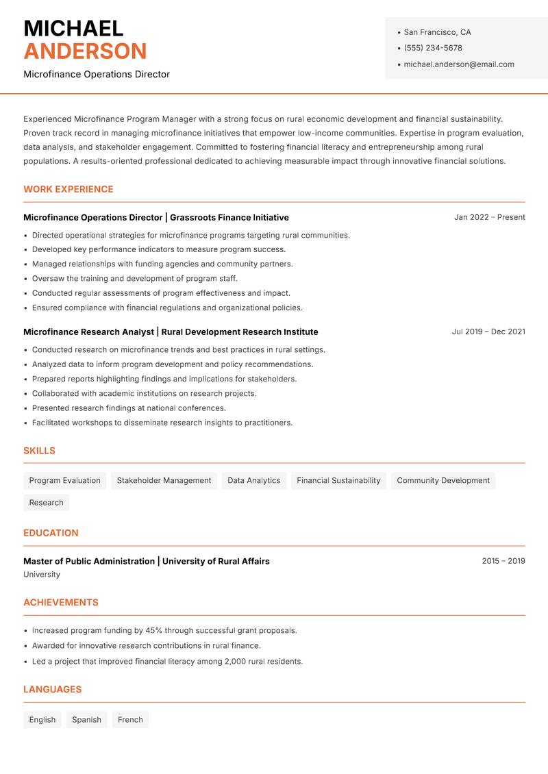 Microfinance Program Manager Rural resume template — Modern Professional