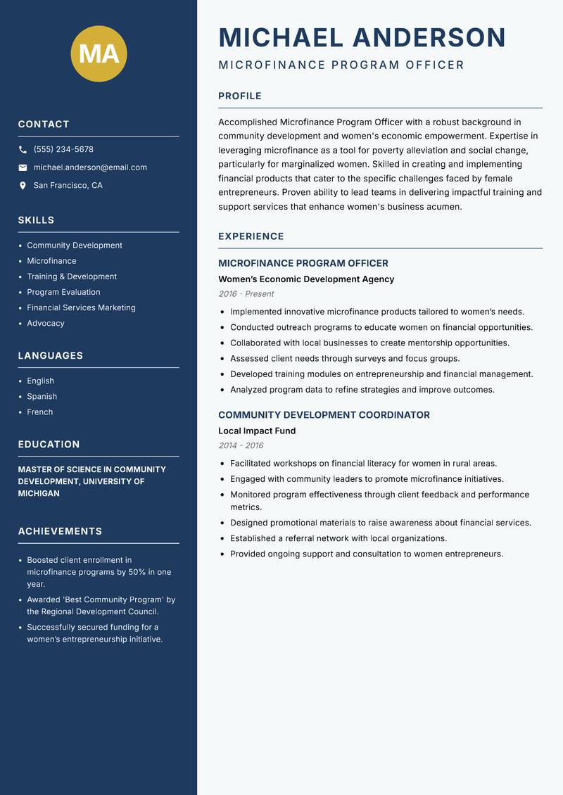 Microfinance Program Officer Women resume template — Classic Clean