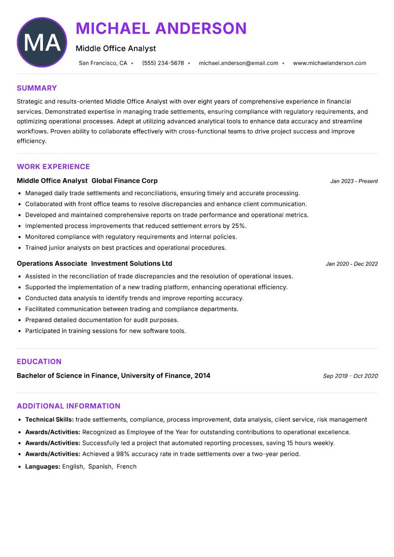 Middle Office Analyst resume example — ATS-friendly template