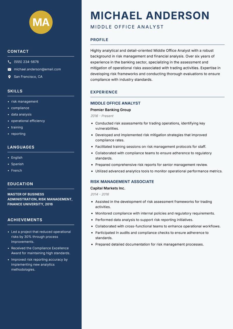 Middle Office Analyst resume template — Classic Clean