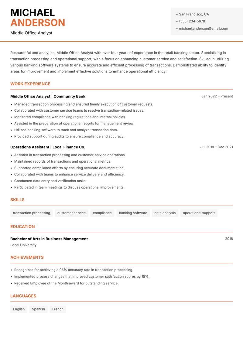 Middle Office Analyst resume template — Modern Professional