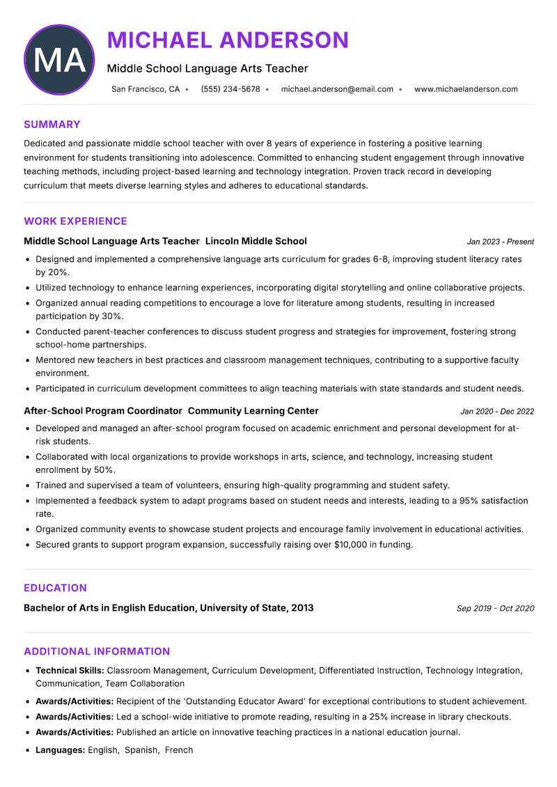 Middle School Teacher resume example — ATS-friendly template