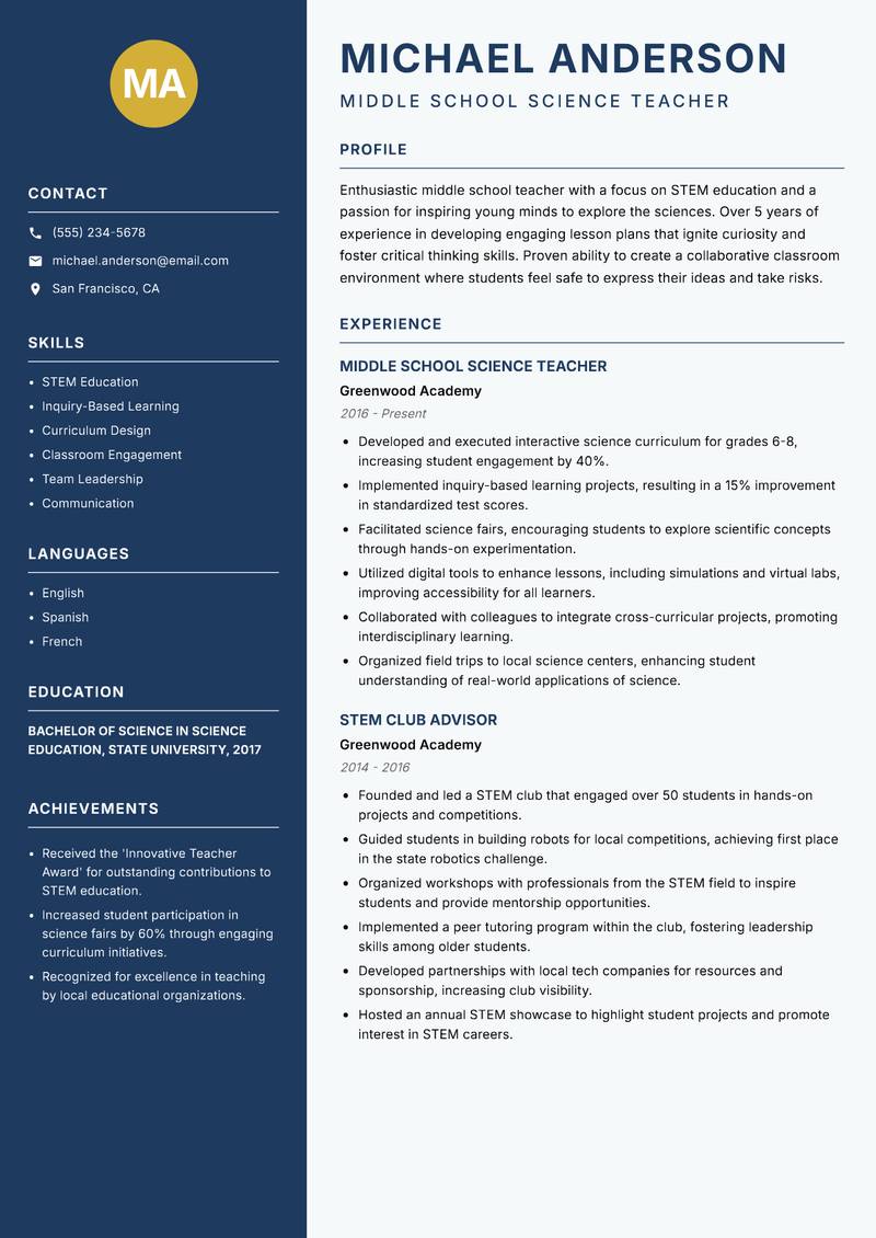 Middle School Teacher resume template — Classic Clean