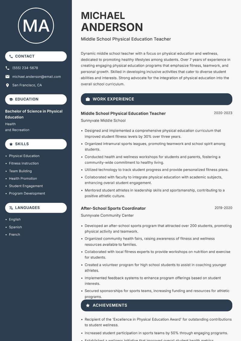 Middle School Teacher resume template — Compact