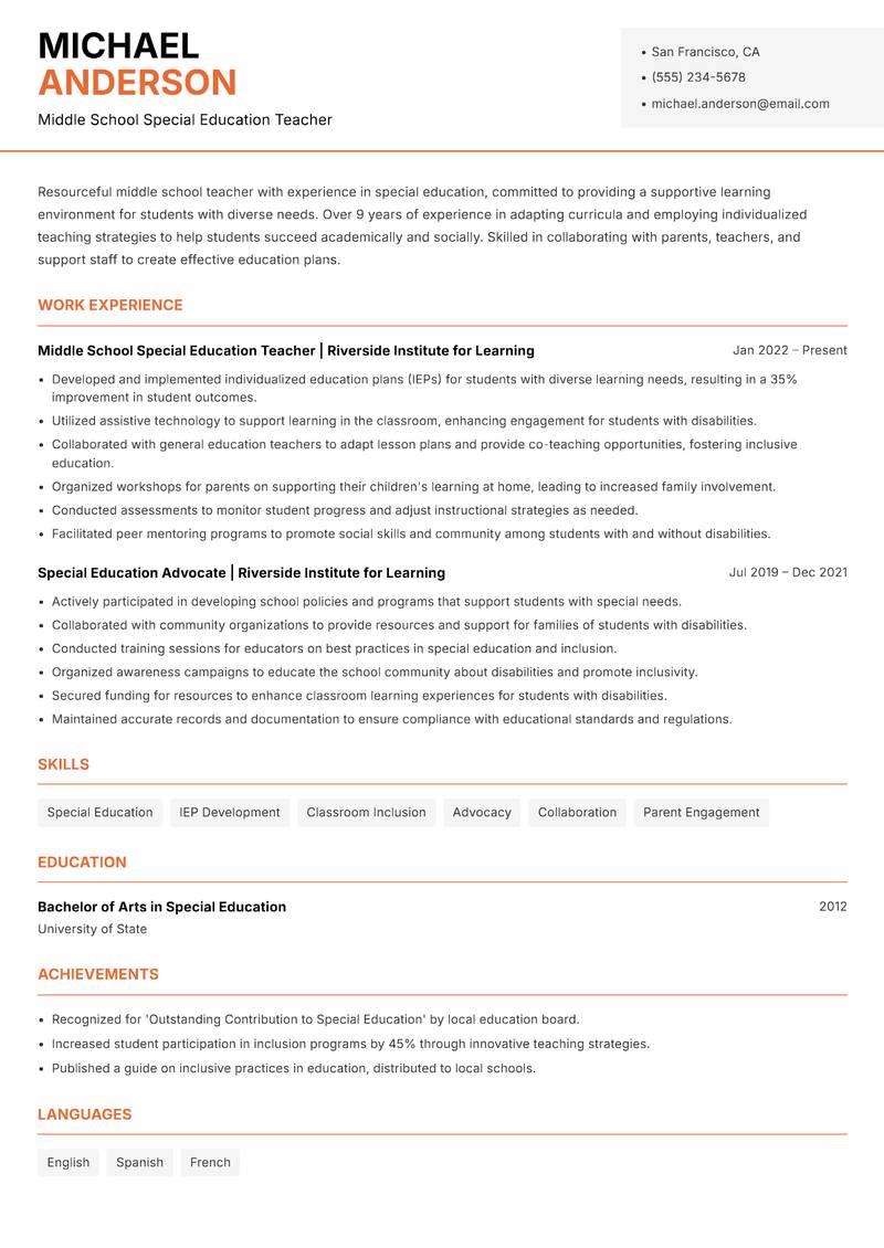 Middle School Teacher resume template — Modern Professional