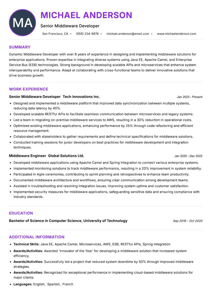 Middleware Developer resume example — ATS-friendly template