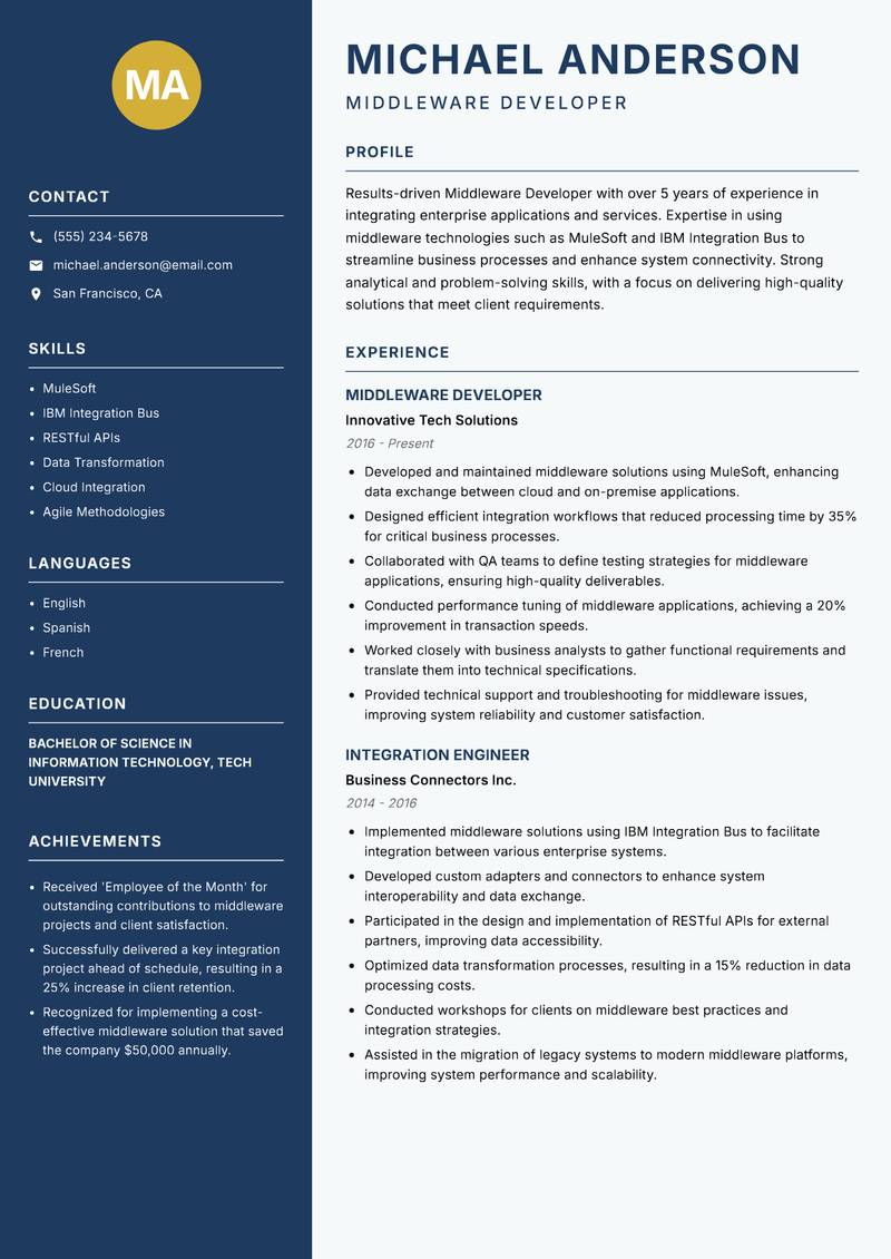 Middleware Developer resume template — Classic Clean