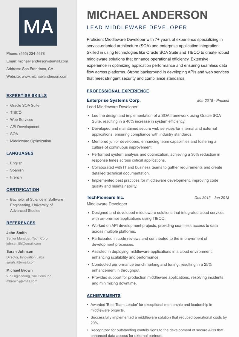 Middleware Developer resume template — Creative Minimal