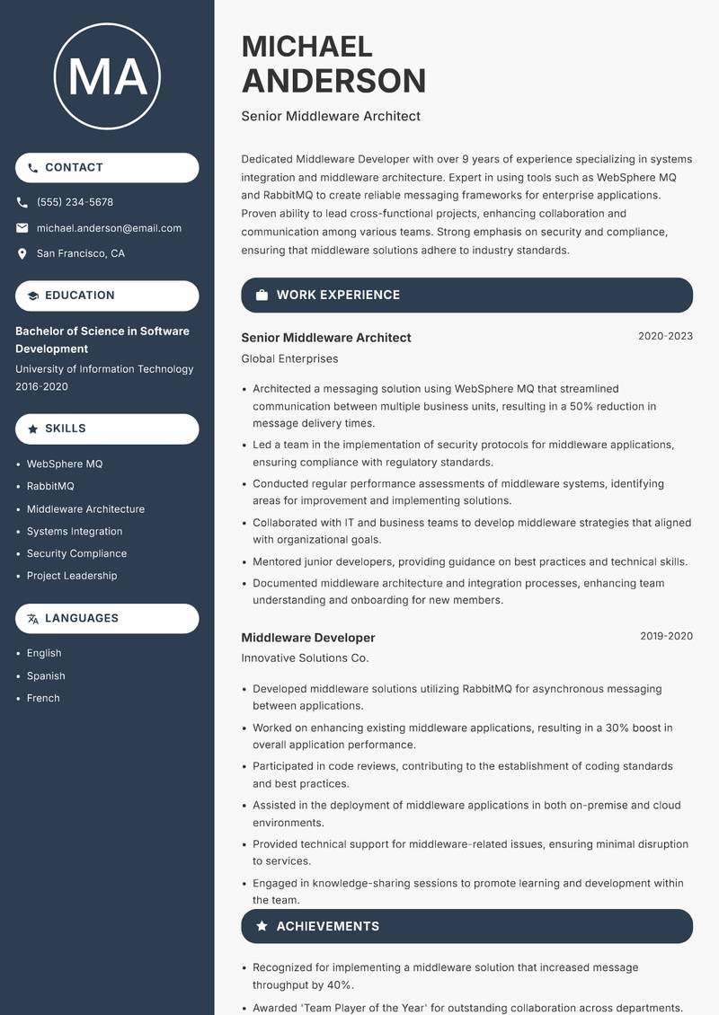 Middleware Developer resume template — Compact