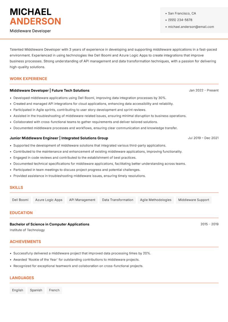 Middleware Developer resume template — Modern Professional