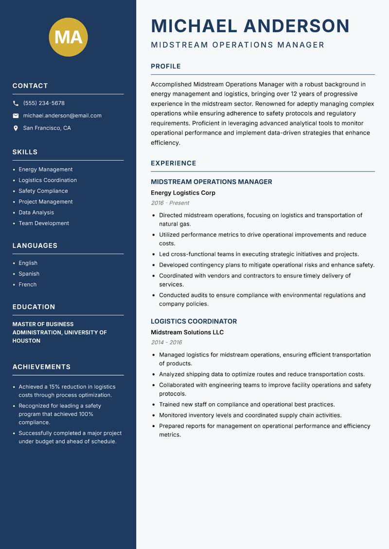 Midstream Operations Manager resume template — Classic Clean