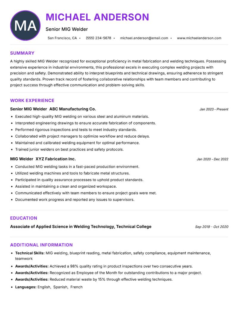MIG Welder resume example — ATS-friendly template
