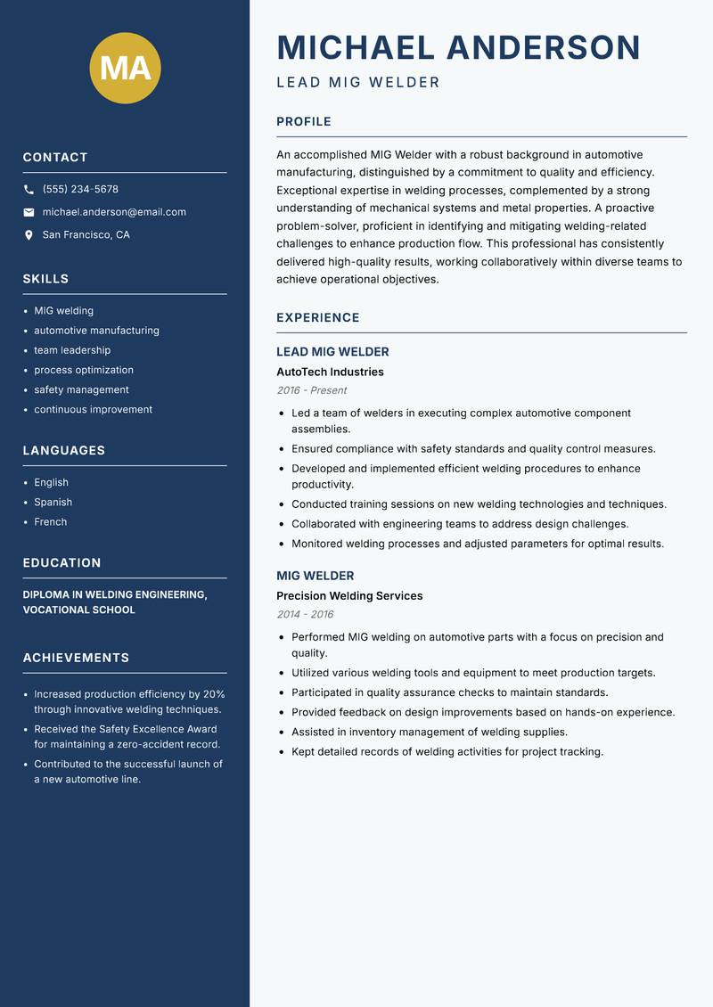 MIG Welder resume template — Classic Clean