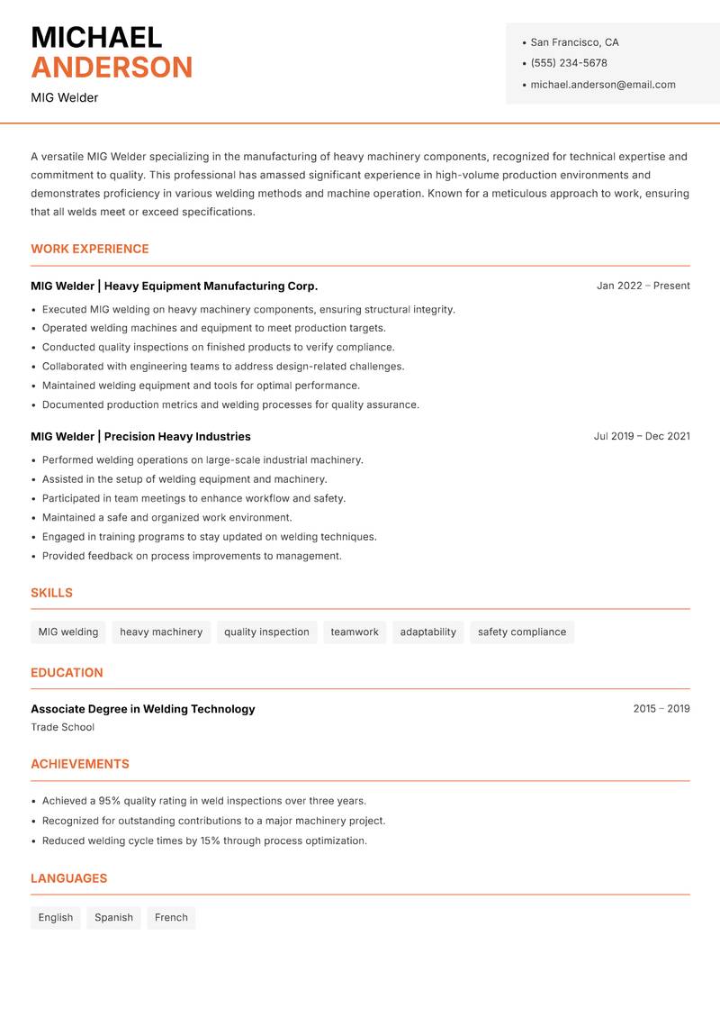 MIG Welder resume template — Modern Professional