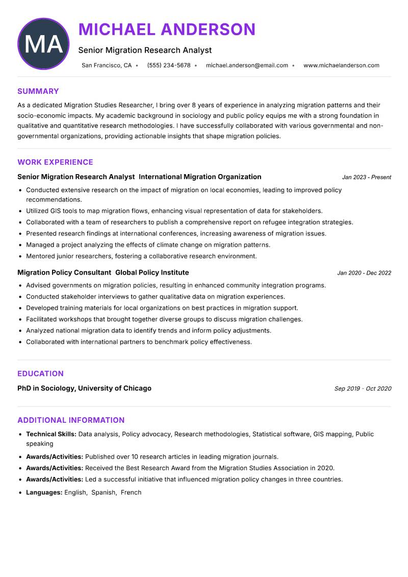 Migration Studies Researcher resume example — ATS-friendly template