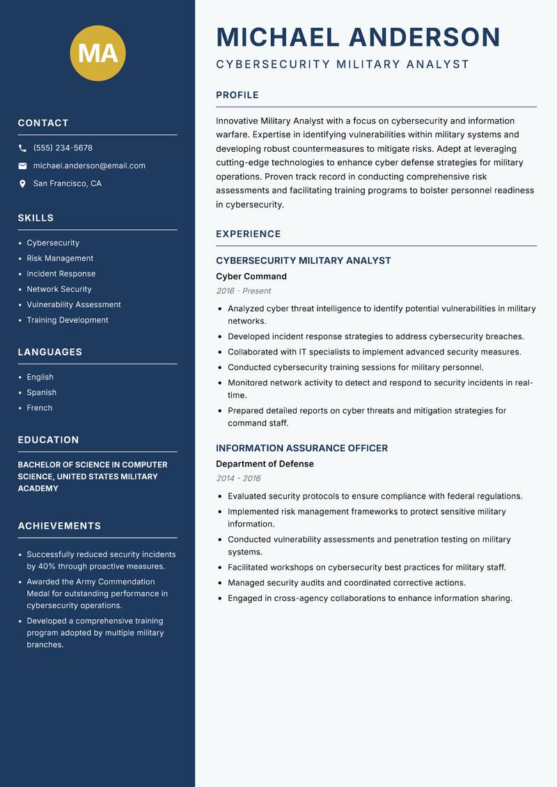 Military Analyst resume template — Classic Clean
