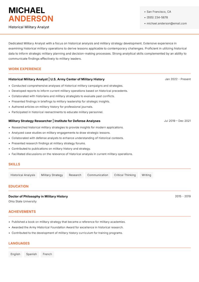 Military Analyst resume template — Modern Professional