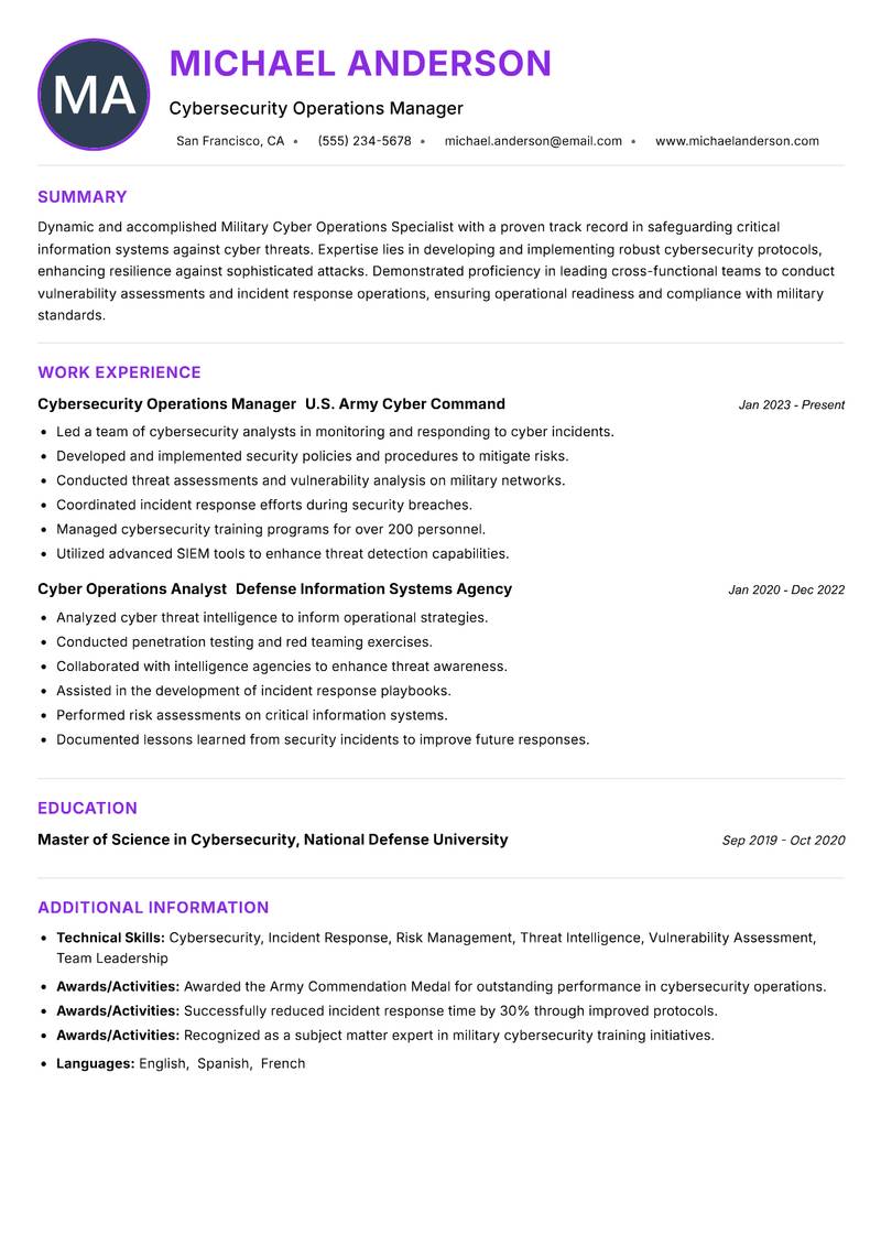 Military Cyber Operations Specialist resume example — ATS-friendly template