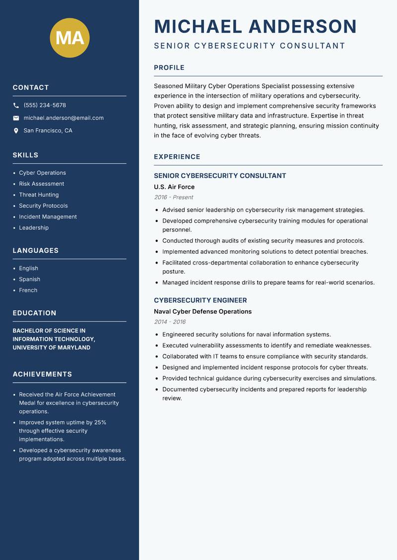 Military Cyber Operations Specialist resume template — Classic Clean