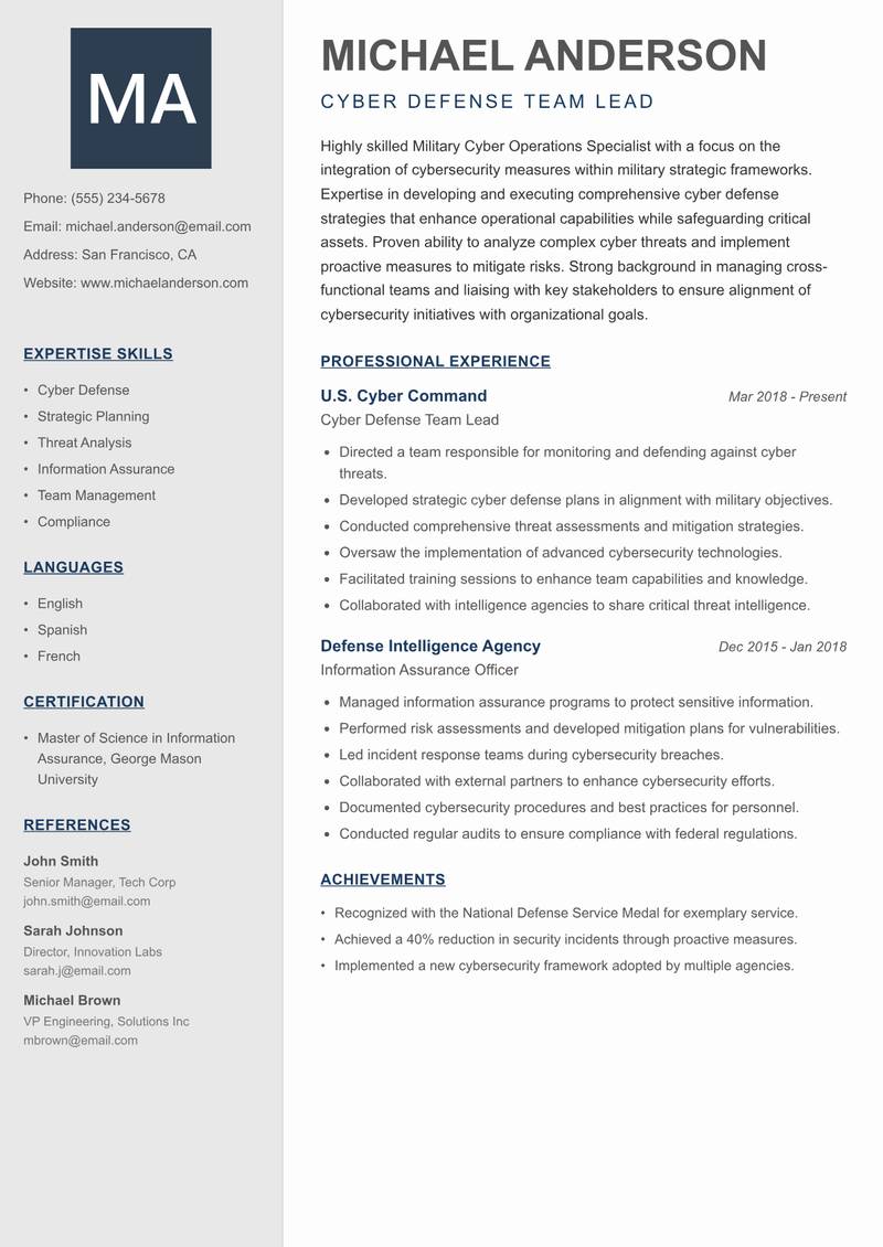 Military Cyber Operations Specialist resume template — Creative Minimal
