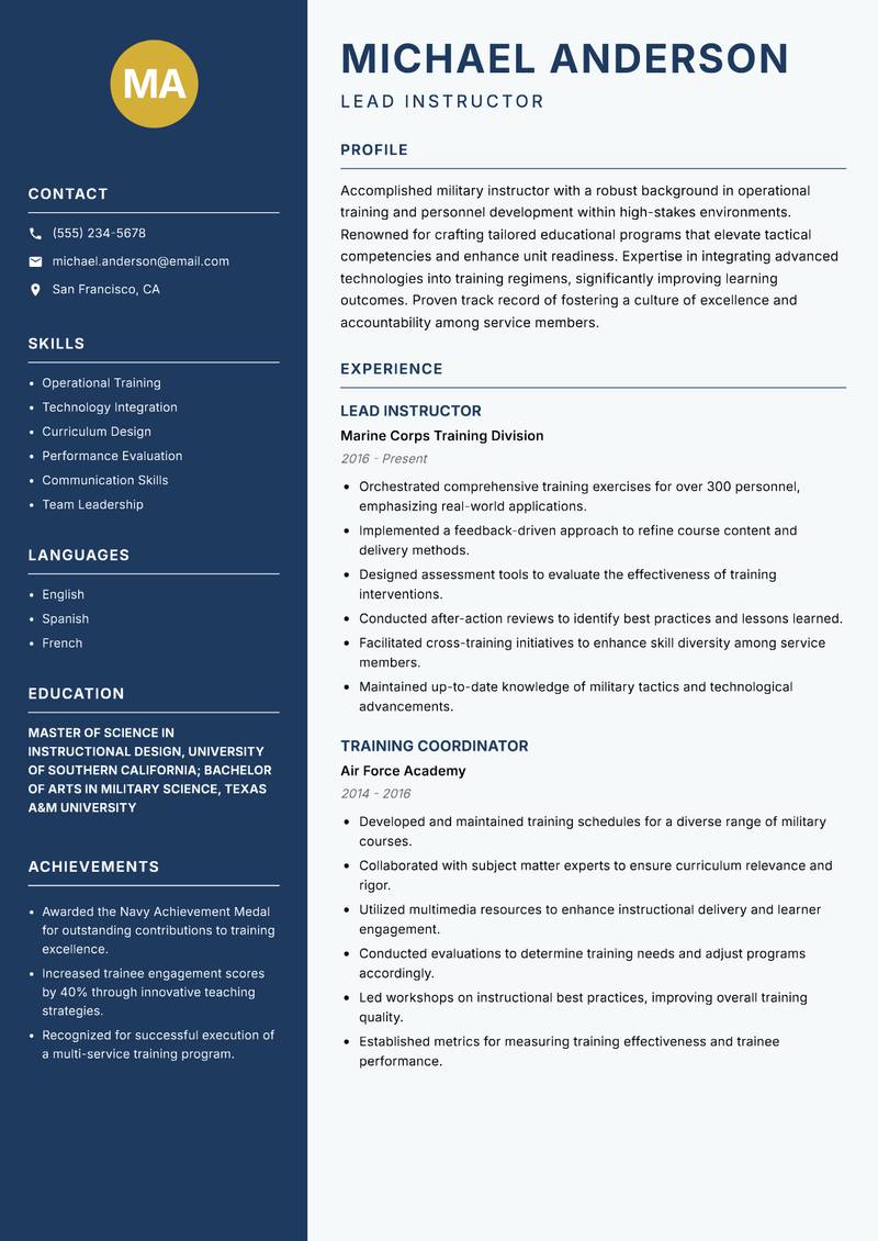 Military Instructor resume template — Classic Clean