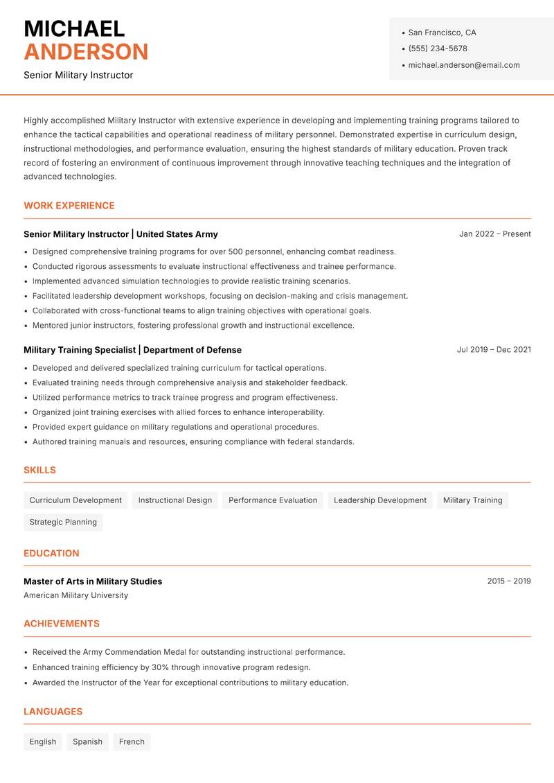 Military Instructor resume template — Modern Professional