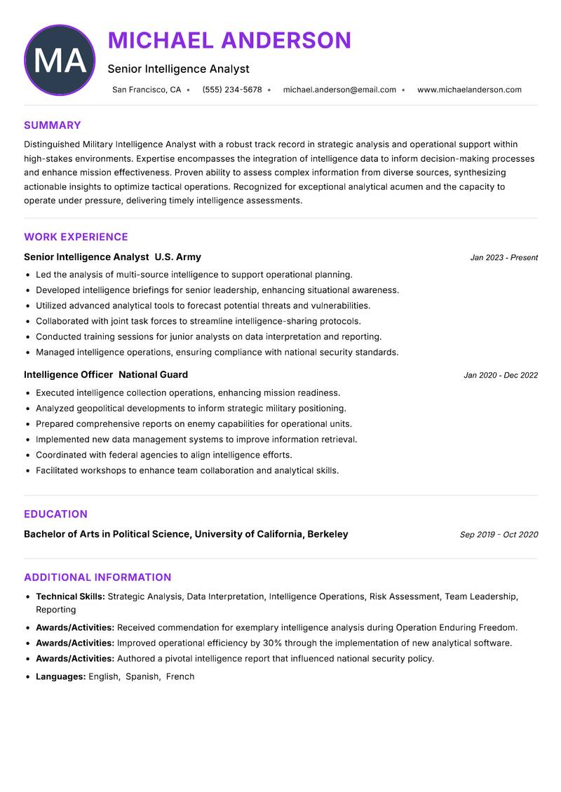 Military Intelligence Analyst resume example — ATS-friendly template