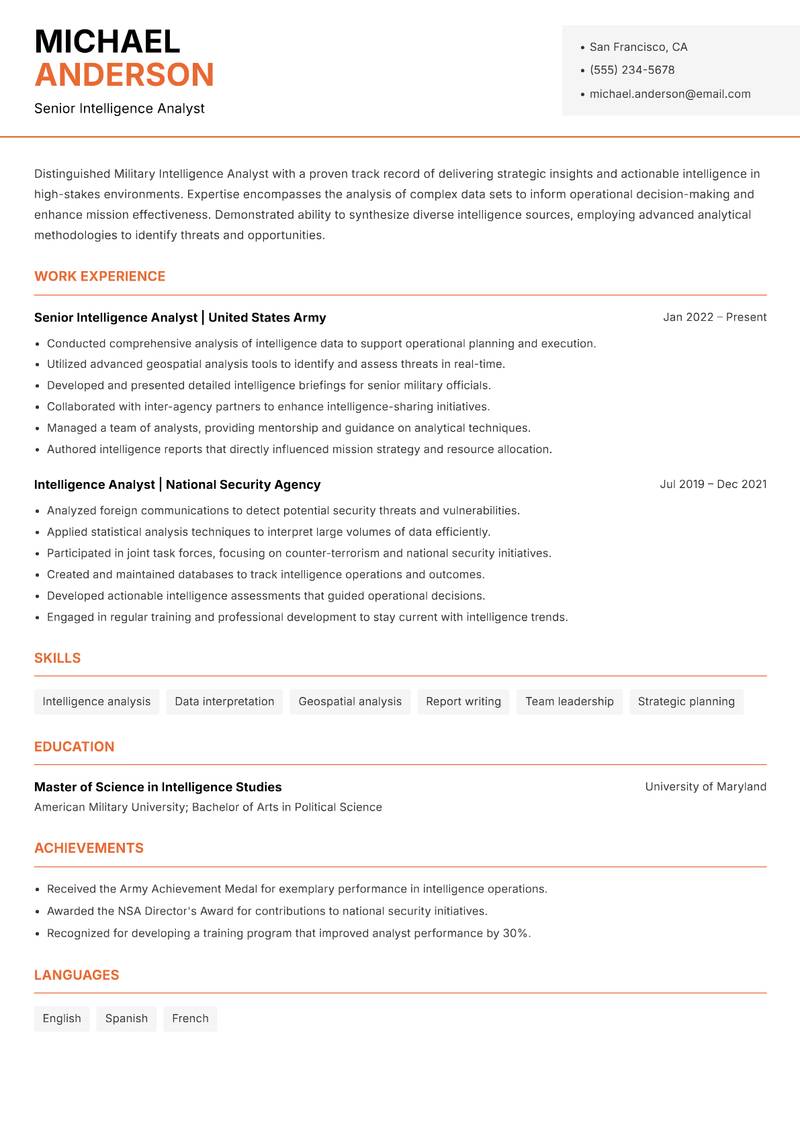 Military Intelligence Analyst resume template — Modern Professional