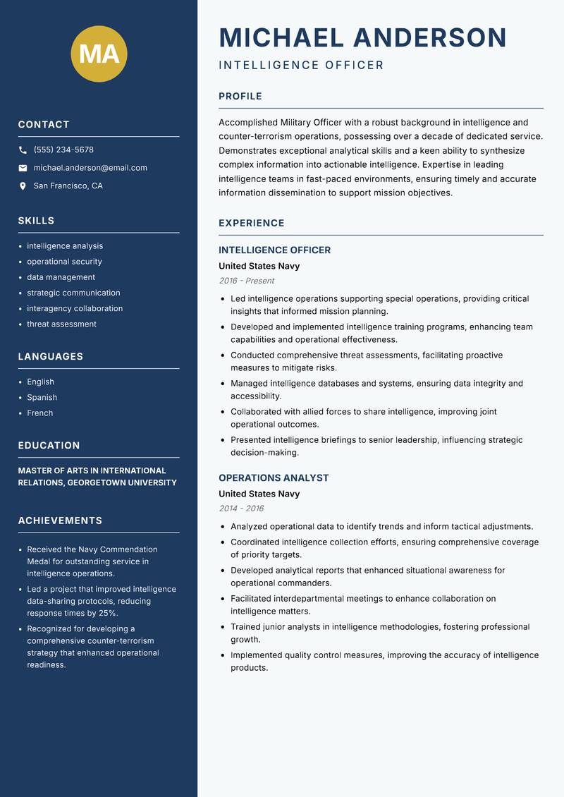 Military Officer resume template — Classic Clean