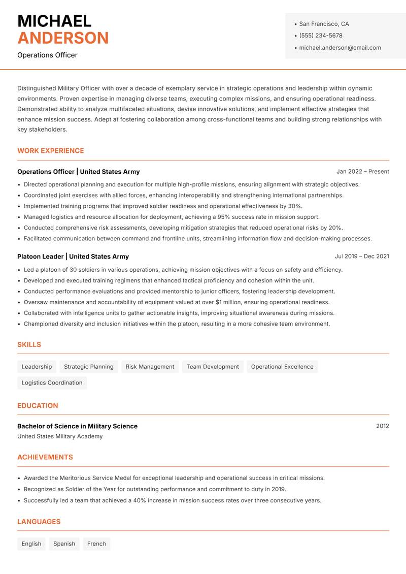 Military Officer resume template — Modern Professional